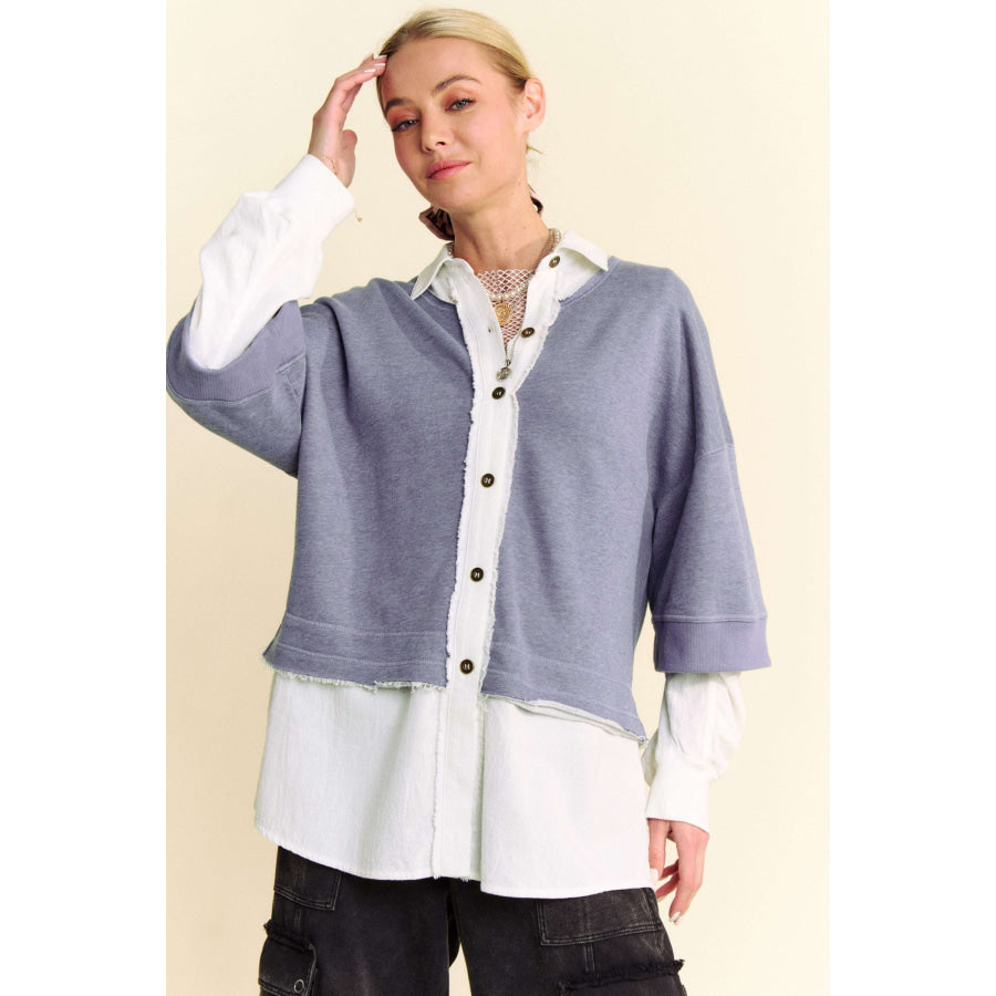Davi & Dani Faux Layered French Terry Contrast Top Apparel and Accessories