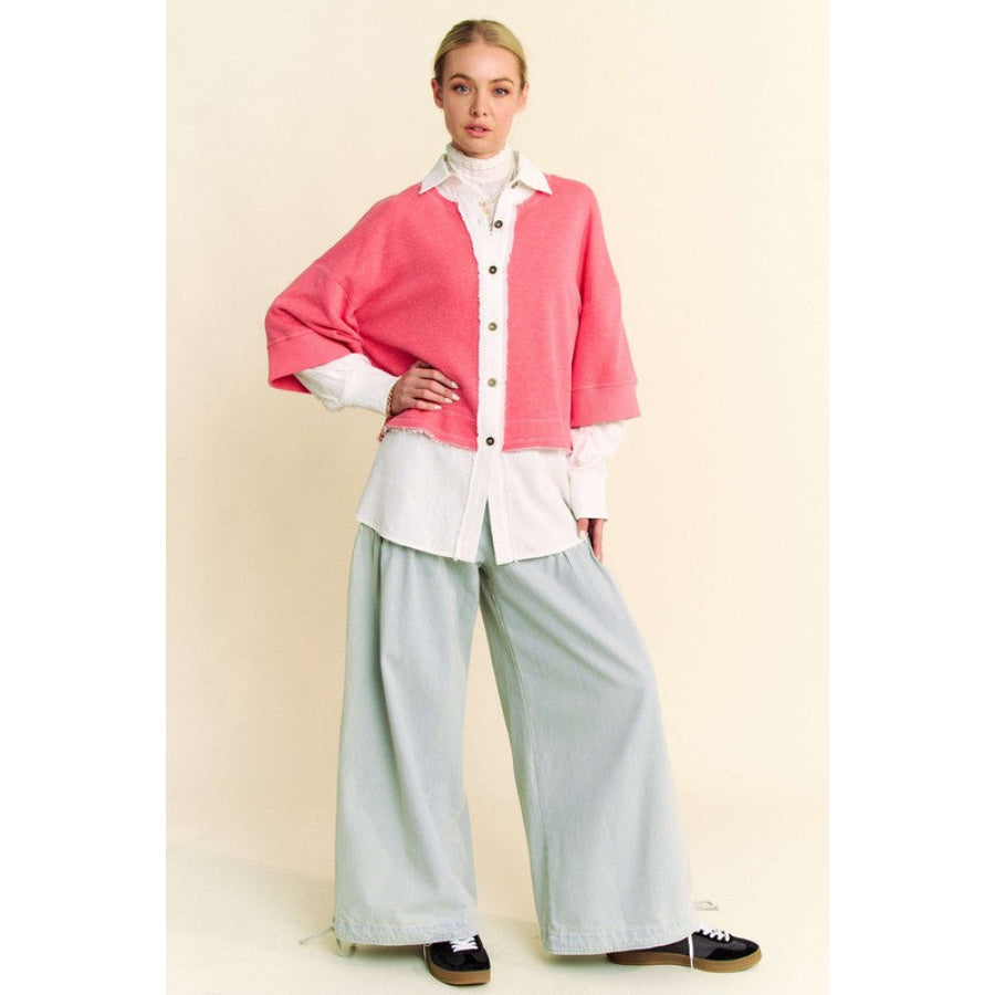 Davi & Dani Faux Layered French Terry Contrast Top Apparel and Accessories