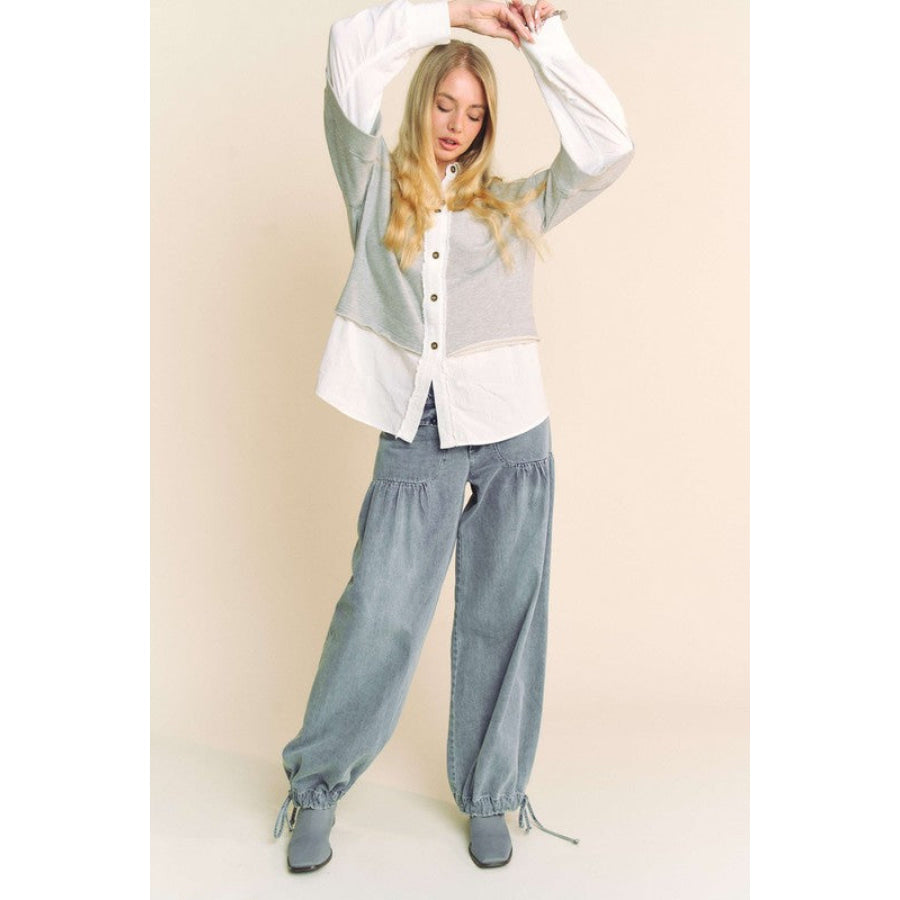 Davi & Dani Faux Layered French Terry Contrast Top Apparel and Accessories