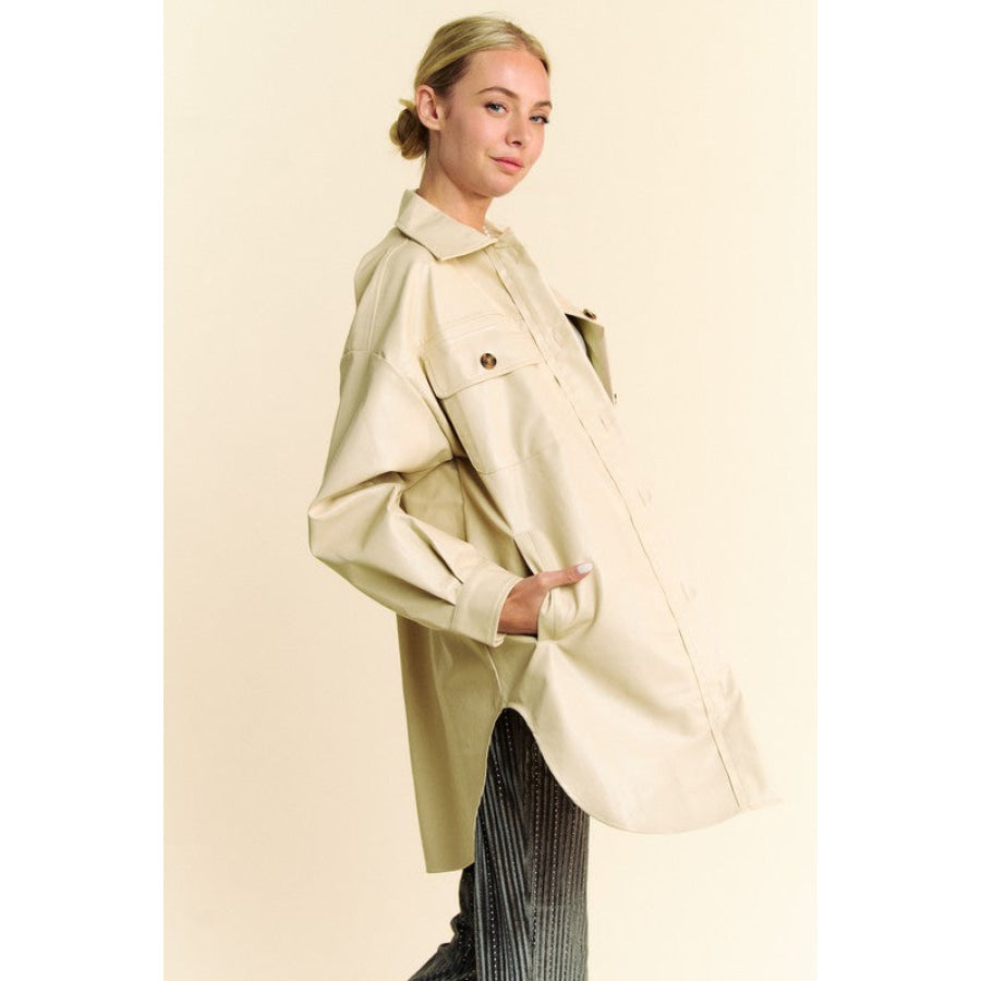 Davi & Dani Faux Leather Button Up Jacket with Chest Pockets Apparel and Accessories