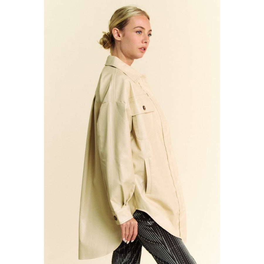 Davi & Dani Faux Leather Button Up Jacket with Chest Pockets Apparel and Accessories