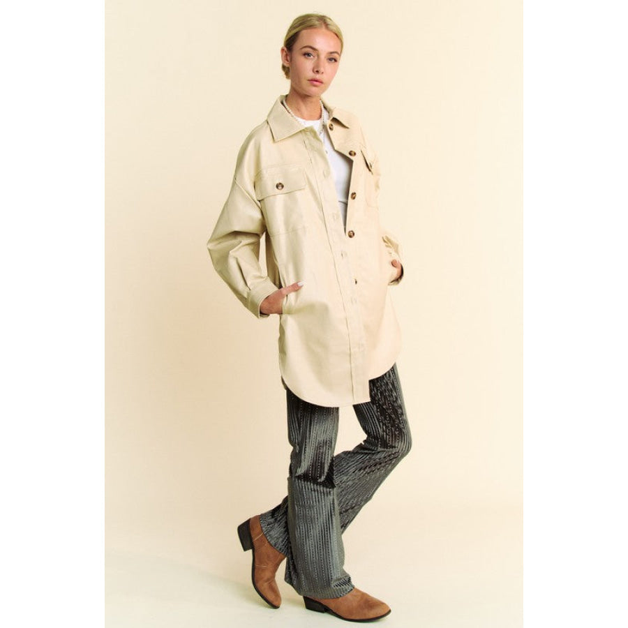 Davi & Dani Faux Leather Button Up Jacket with Chest Pockets Apparel and Accessories