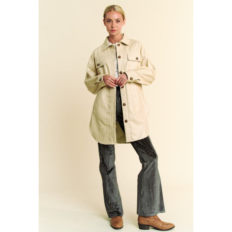 Davi & Dani Faux Leather Button Up Jacket with Chest Pockets Apparel and Accessories