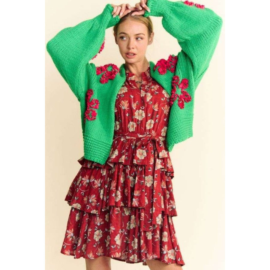 Davi & Dani Floral Applique Open Front Drop Shoulder Cardigan Apparel and Accessories