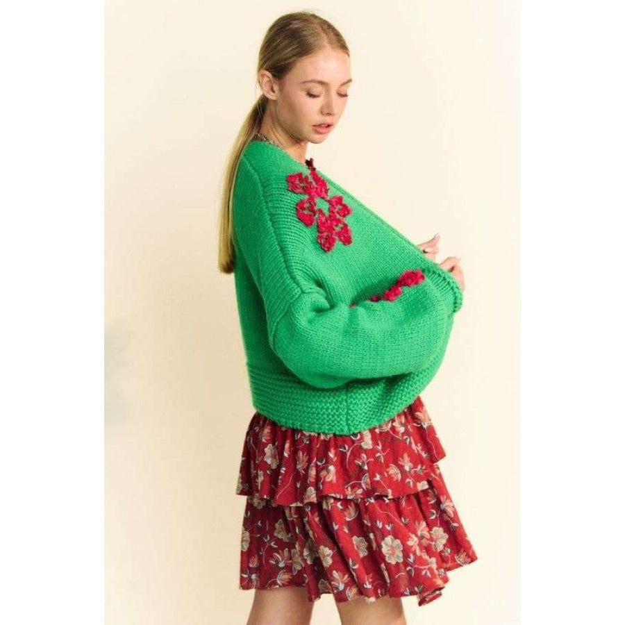 Davi & Dani Floral Applique Open Front Drop Shoulder Cardigan Apparel and Accessories