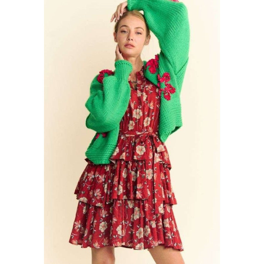 Davi & Dani Floral Applique Open Front Drop Shoulder Cardigan Apparel and Accessories