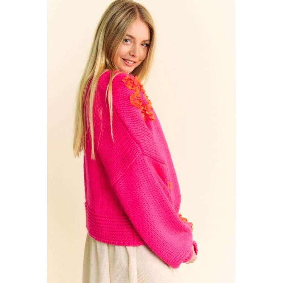 Davi & Dani Floral Applique Open Front Drop Shoulder Cardigan Apparel and Accessories