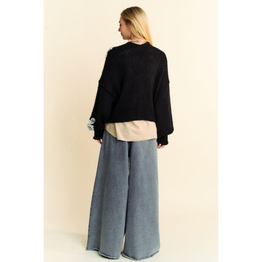 Davi & Dani Floral Applique Open Front Dropped Shoulder Cardigan Apparel and Accessories