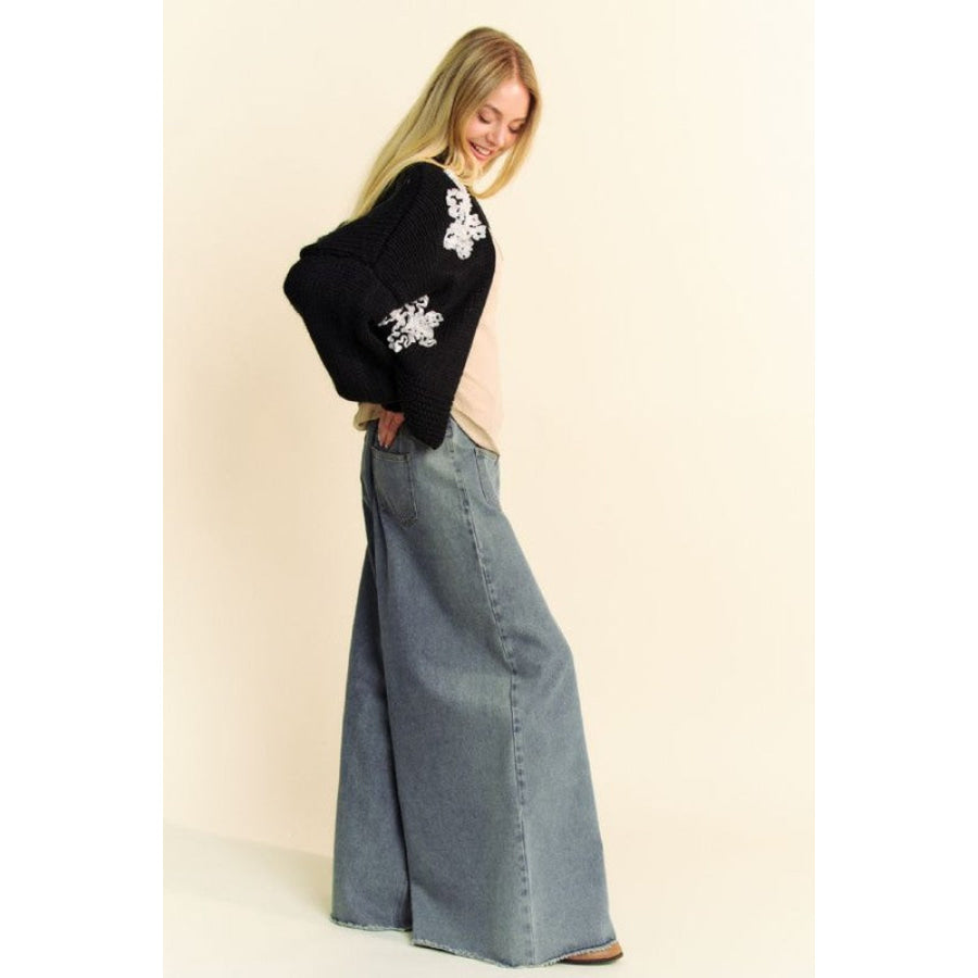 Davi & Dani Floral Applique Open Front Dropped Shoulder Cardigan Apparel and Accessories