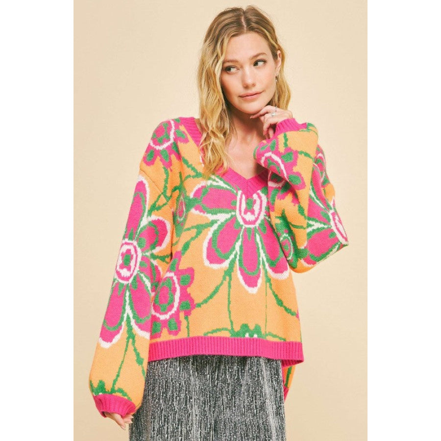 Davi & Dani Floral Contrast V-Neck Dropped Shoulder Sweater Apparel and Accessories
