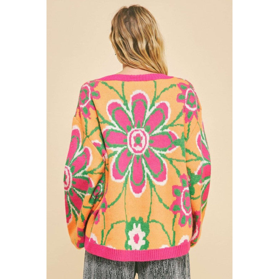 Davi & Dani Floral Contrast V-Neck Dropped Shoulder Sweater Apparel and Accessories