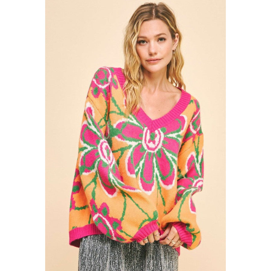 Davi & Dani Floral Contrast V-Neck Dropped Shoulder Sweater Apparel and Accessories