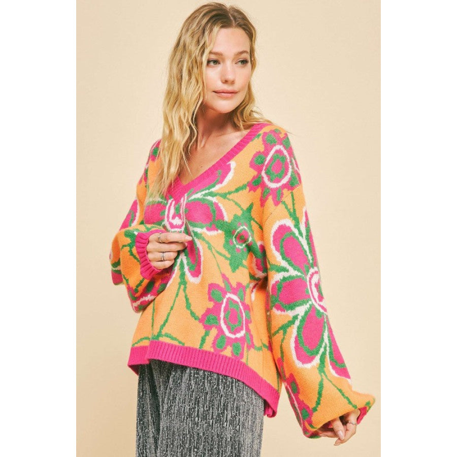 Davi & Dani Floral Contrast V-Neck Dropped Shoulder Sweater Apparel and Accessories