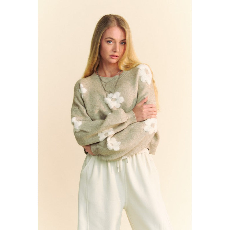 Davi & Dani Floral Drop Shoulder Cropped Sweater Apparel and Accessories