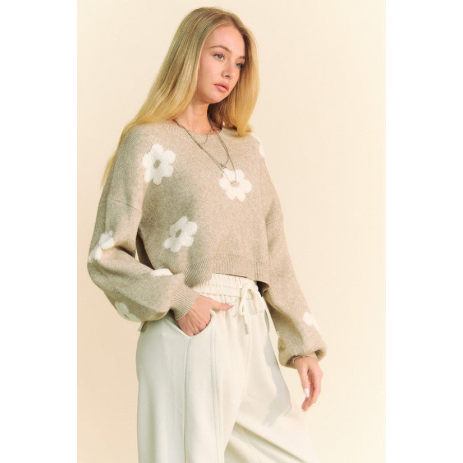 Davi & Dani Floral Drop Shoulder Cropped Sweater Apparel and Accessories