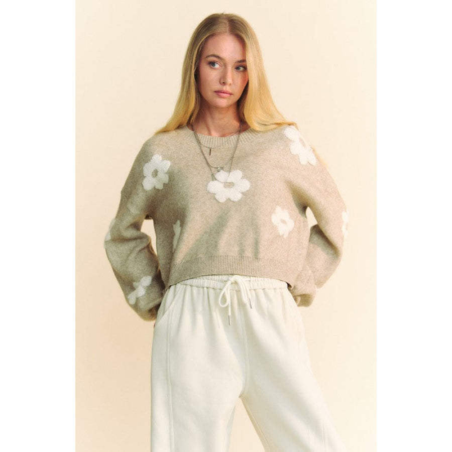 Davi & Dani Floral Drop Shoulder Cropped Sweater Apparel and Accessories