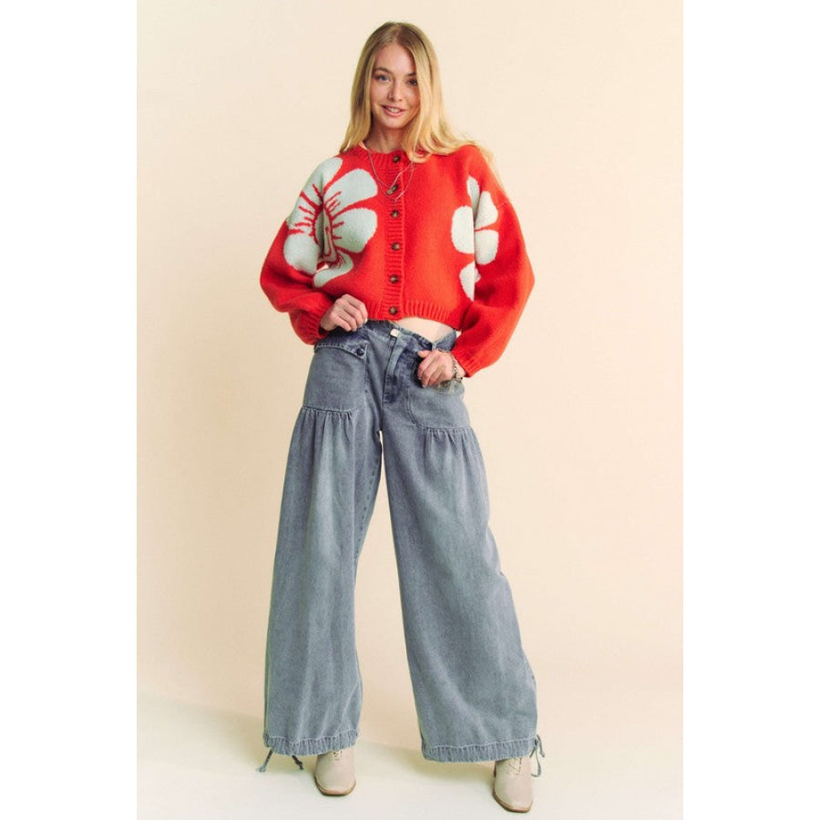 Davi & Dani Flower Contrast Round Neck Long Sleeve Cardigan Apparel and Accessories