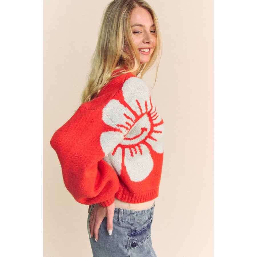 Davi & Dani Flower Contrast Round Neck Long Sleeve Cardigan Apparel and Accessories