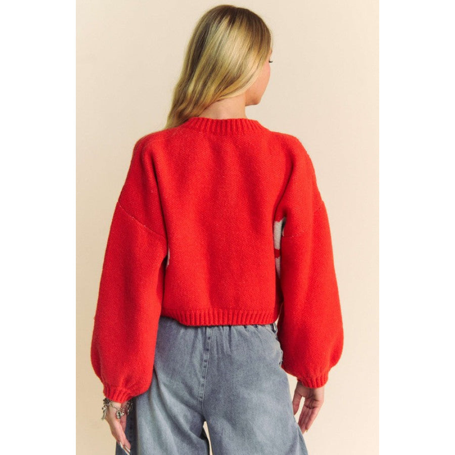 Davi & Dani Flower Contrast Round Neck Long Sleeve Cardigan Apparel and Accessories