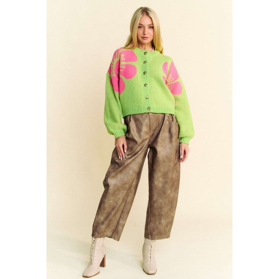 Davi & Dani Flower Contrast Round Neck Long Sleeve Cardigan Apparel and Accessories