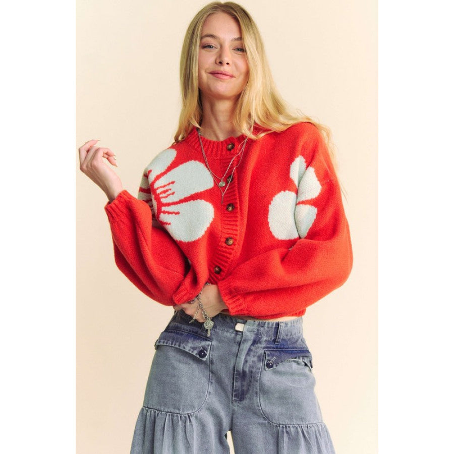 Davi & Dani Flower Contrast Round Neck Long Sleeve Cardigan Apparel and Accessories