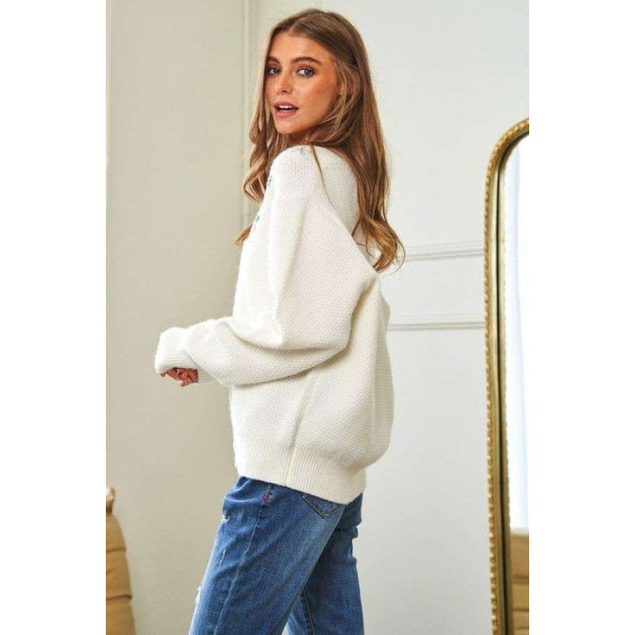 Davi & Dani Flower Embroidered Button Up Long Sleeve Cardigan Apparel and Accessories