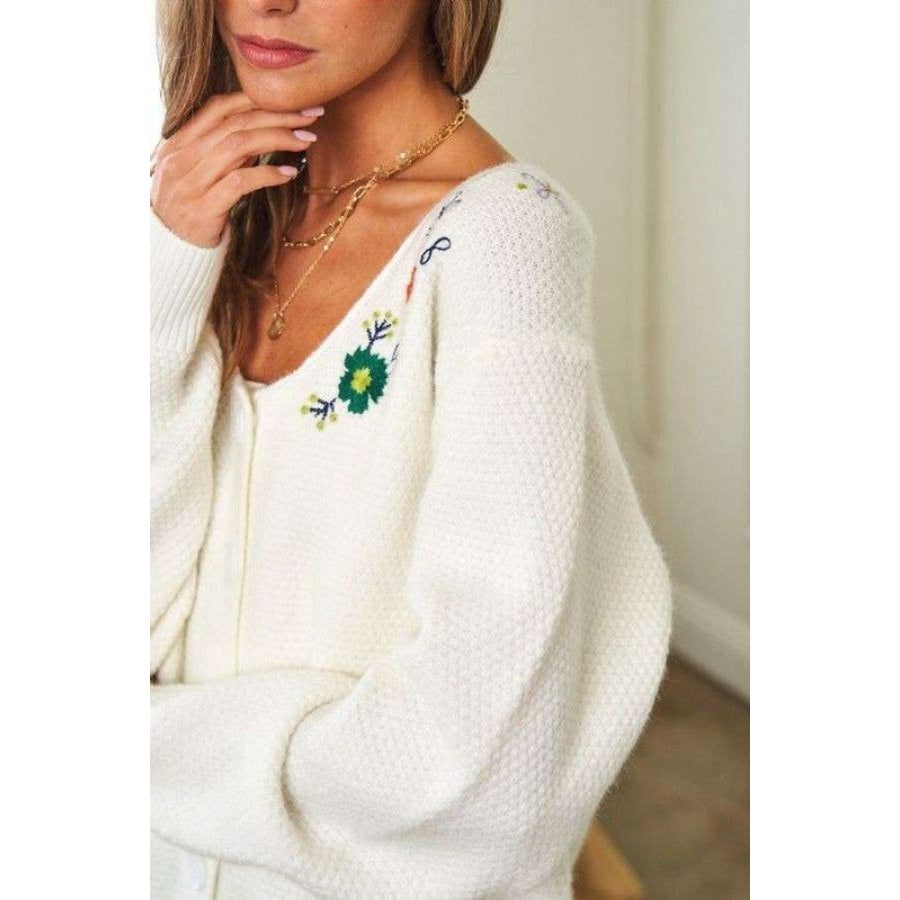 Davi & Dani Flower Embroidered Button Up Long Sleeve Cardigan Apparel and Accessories