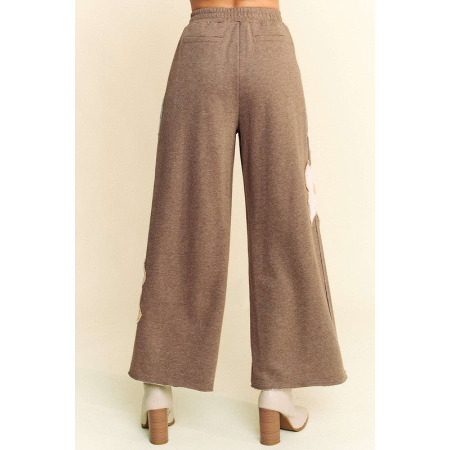 Davi & Dani Flower Patch Elastic Waist Wide Leg Pants Mocha / S Apparel and Accessories