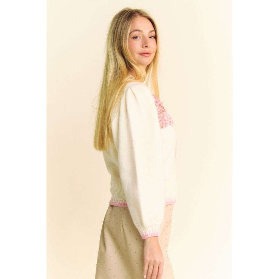 Davi & Dani Flower Patch Fuzzy Mock Neck Sweater Apparel and Accessories