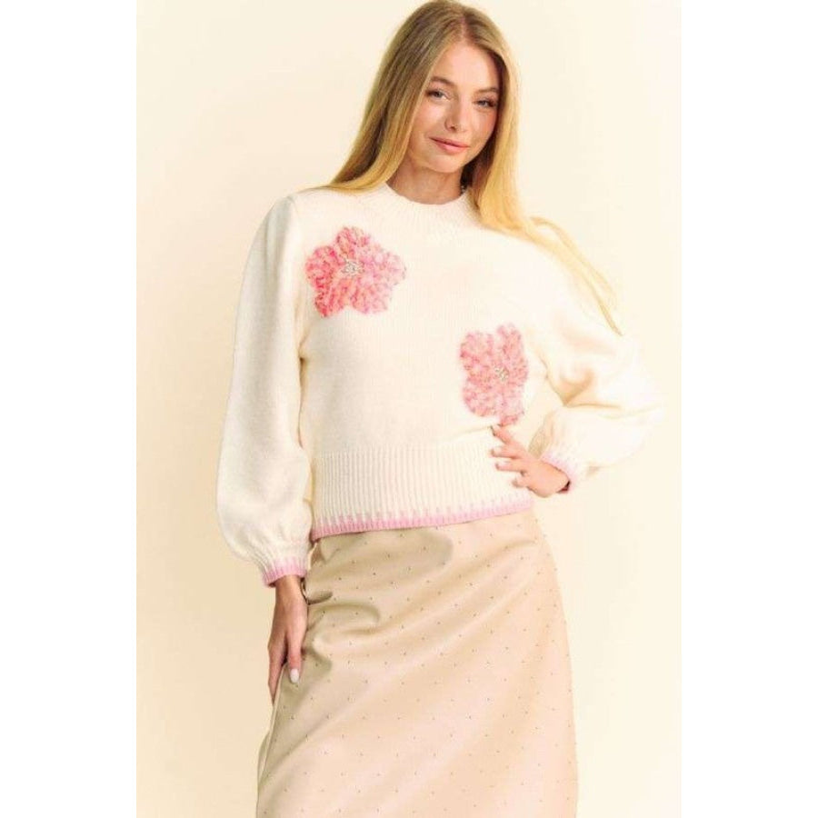 Davi & Dani Flower Patch Fuzzy Mock Neck Sweater Apparel and Accessories