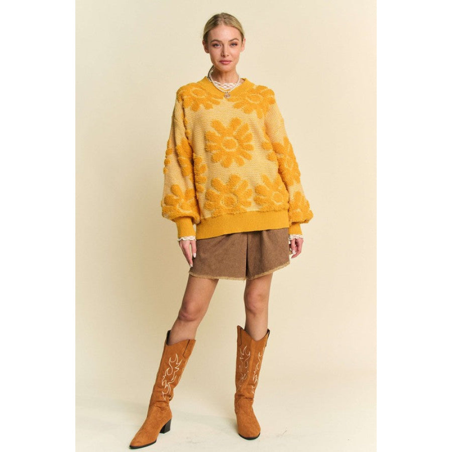 Davi & Dani Flower Texture Round Neck Dropped Shoulder Sweater Apparel and Accessories