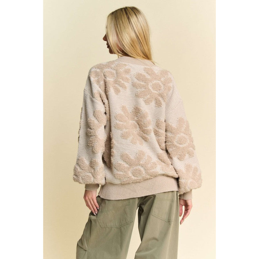 Davi & Dani Flower Texture Round Neck Dropped Shoulder Sweater Apparel and Accessories