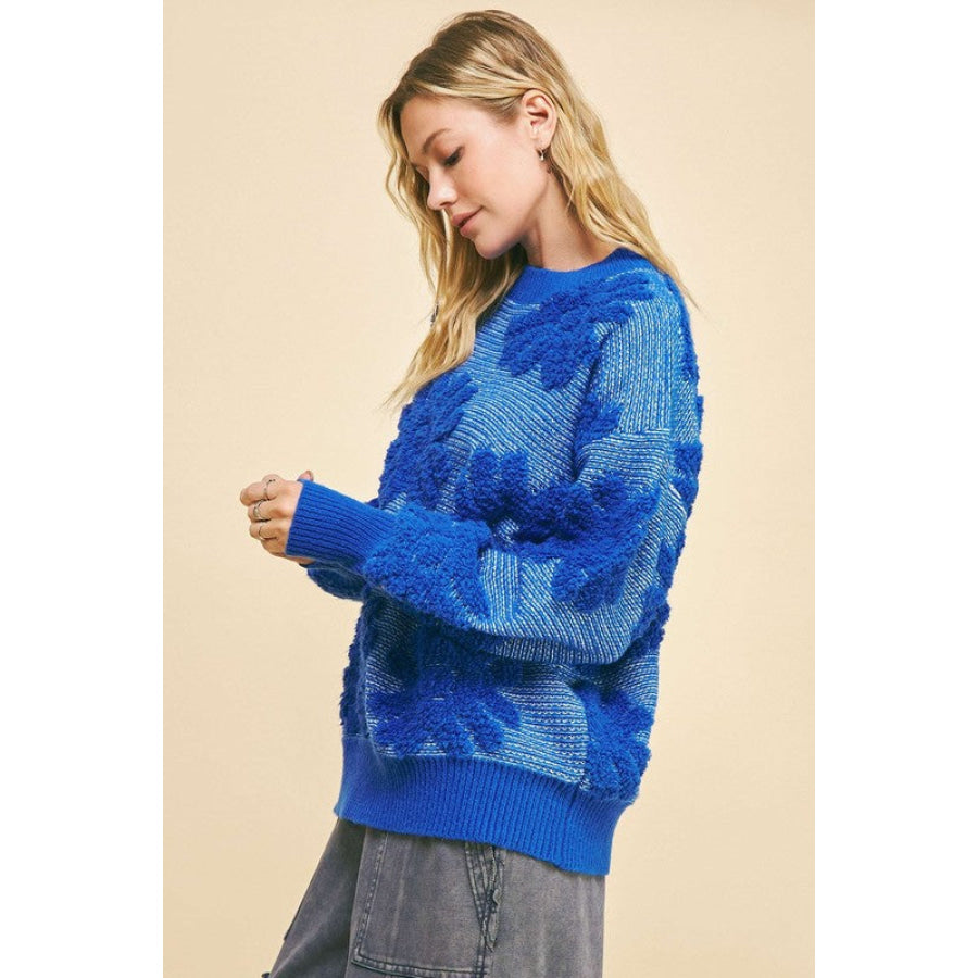 Davi & Dani Flower Texture Round Neck Dropped Shoulder Sweater Apparel and Accessories