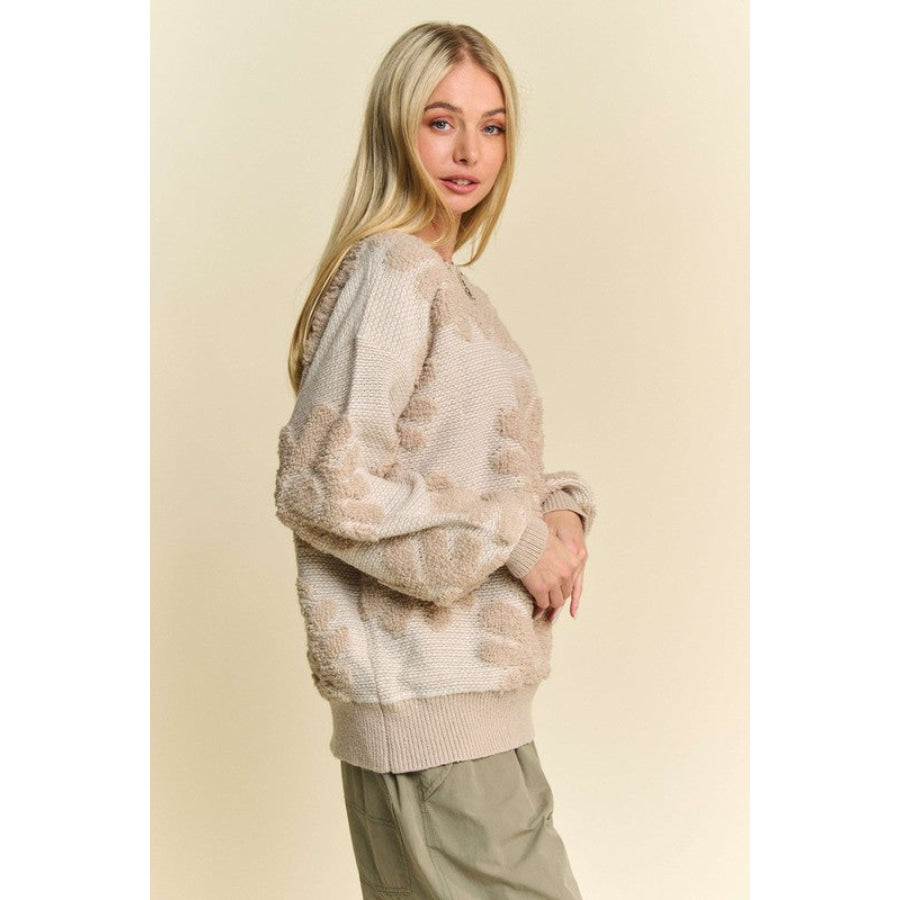 Davi & Dani Flower Texture Round Neck Dropped Shoulder Sweater Apparel and Accessories