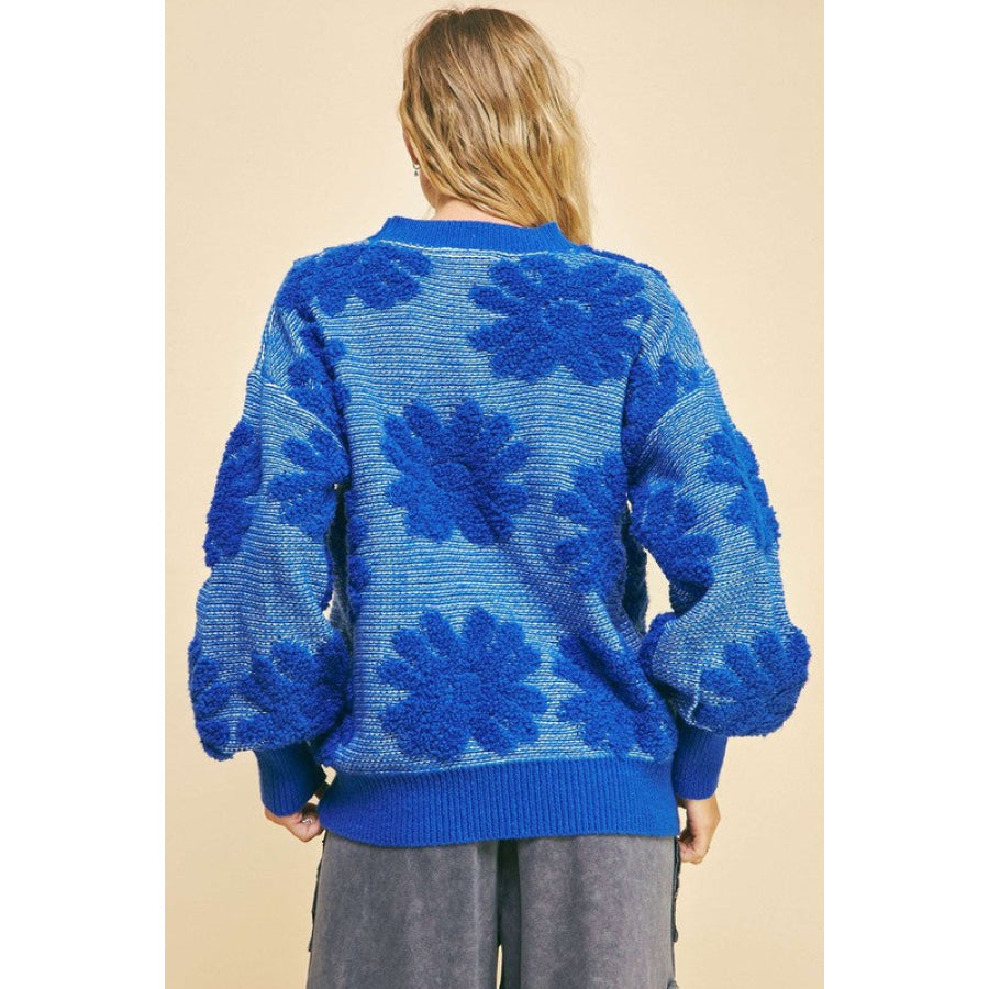Davi & Dani Flower Texture Round Neck Dropped Shoulder Sweater Apparel and Accessories