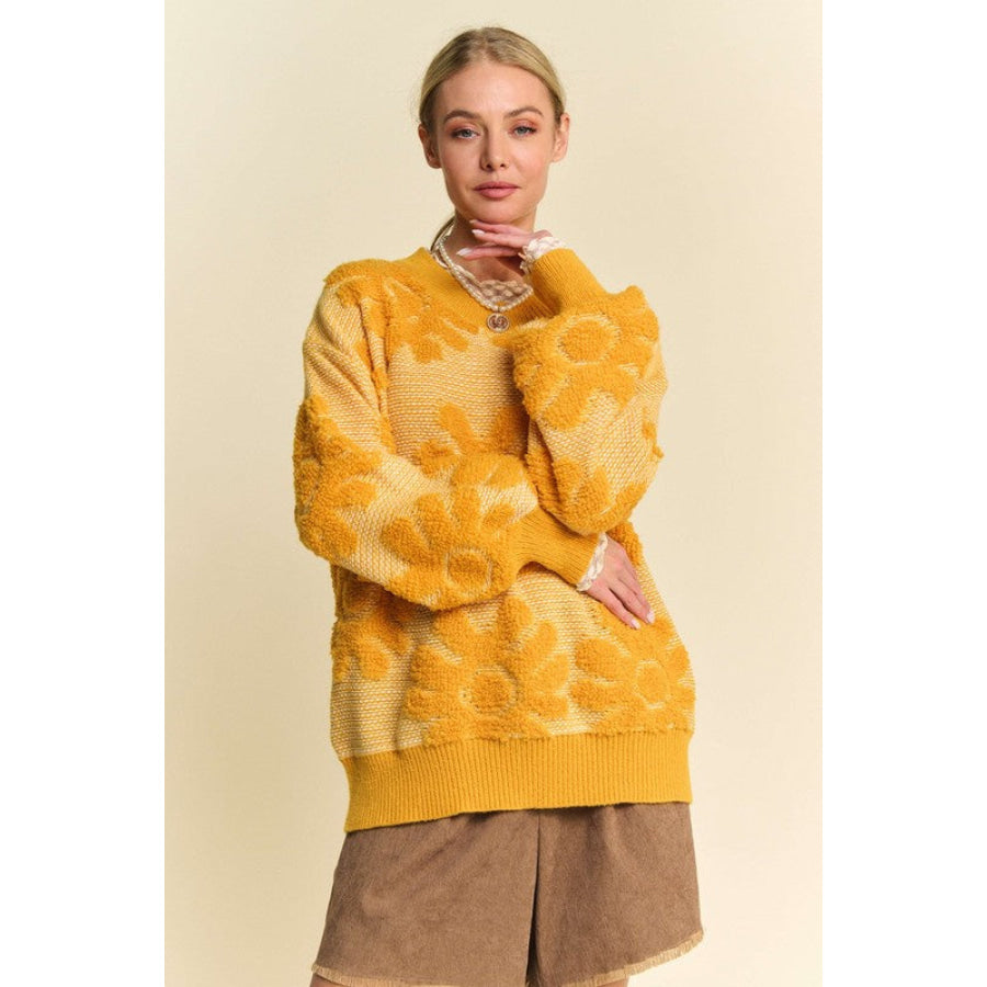 Davi & Dani Flower Texture Round Neck Dropped Shoulder Sweater Gold / S Apparel and Accessories