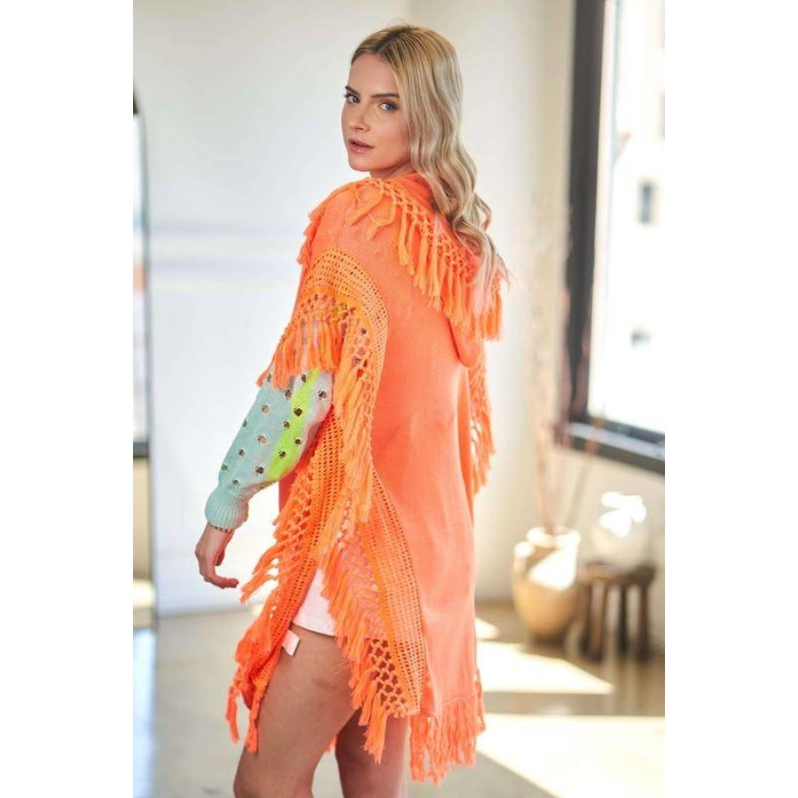 Davi & Dani Fringe Detail Vest Poncho Hoodies Cover-Up Kimono Neon Orange / S Kimonos