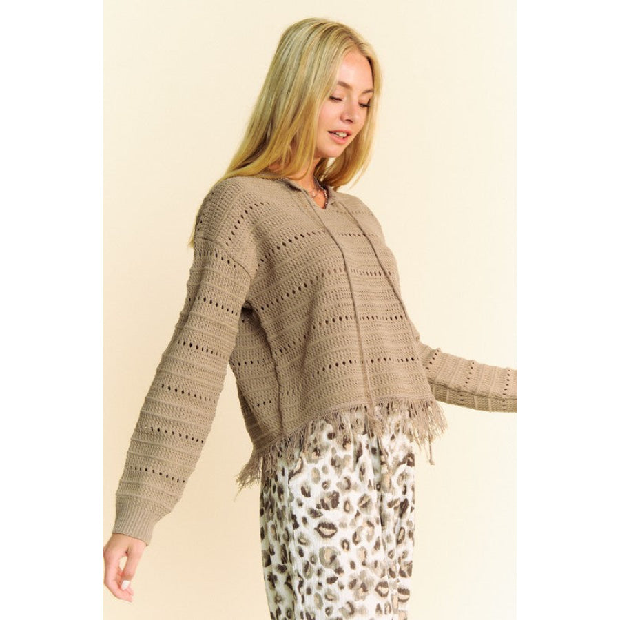 Davi & Dani Fringe Hem Openwork Drop Shoulder Knit Top Apparel and Accessories