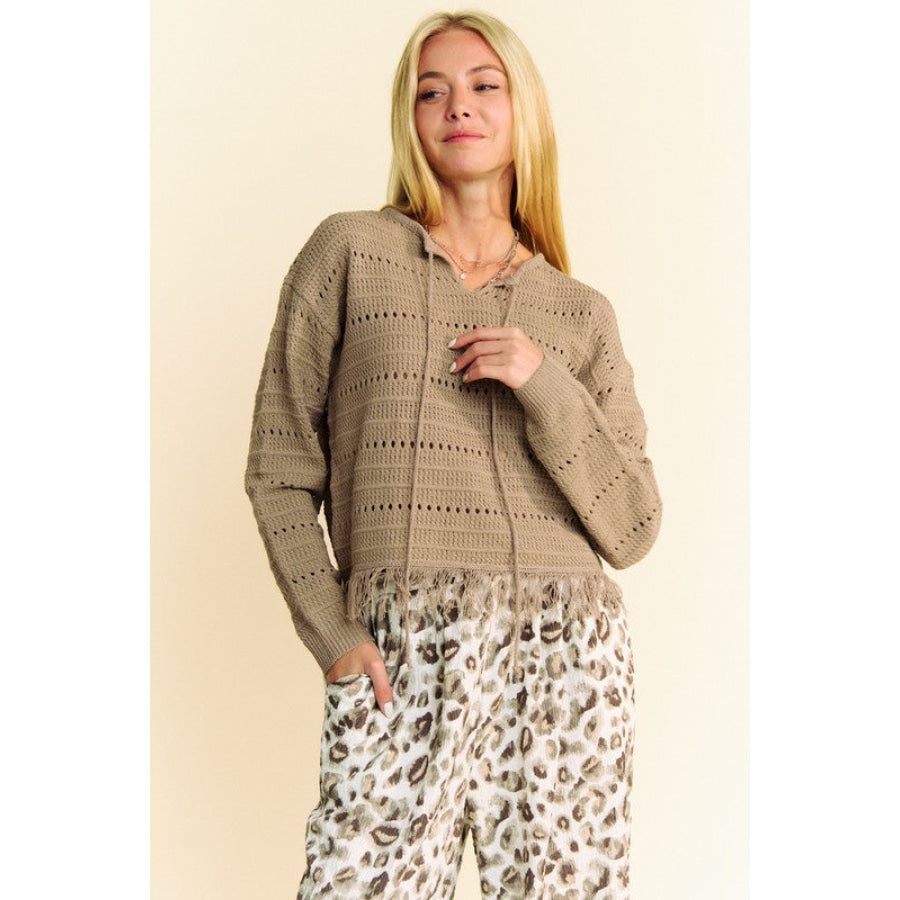 Davi & Dani Fringe Hem Openwork Drop Shoulder Knit Top Apparel and Accessories