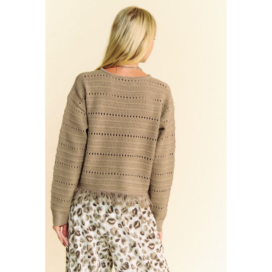 Davi & Dani Fringe Hem Openwork Drop Shoulder Knit Top Apparel and Accessories
