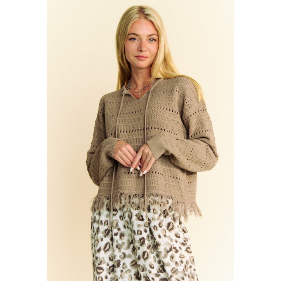 Davi & Dani Fringe Hem Openwork Drop Shoulder Knit Top Apparel and Accessories