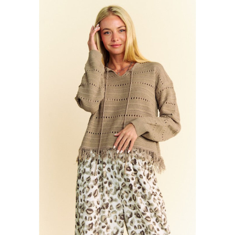 Davi & Dani Fringe Hem Openwork Drop Shoulder Knit Top Apparel and Accessories