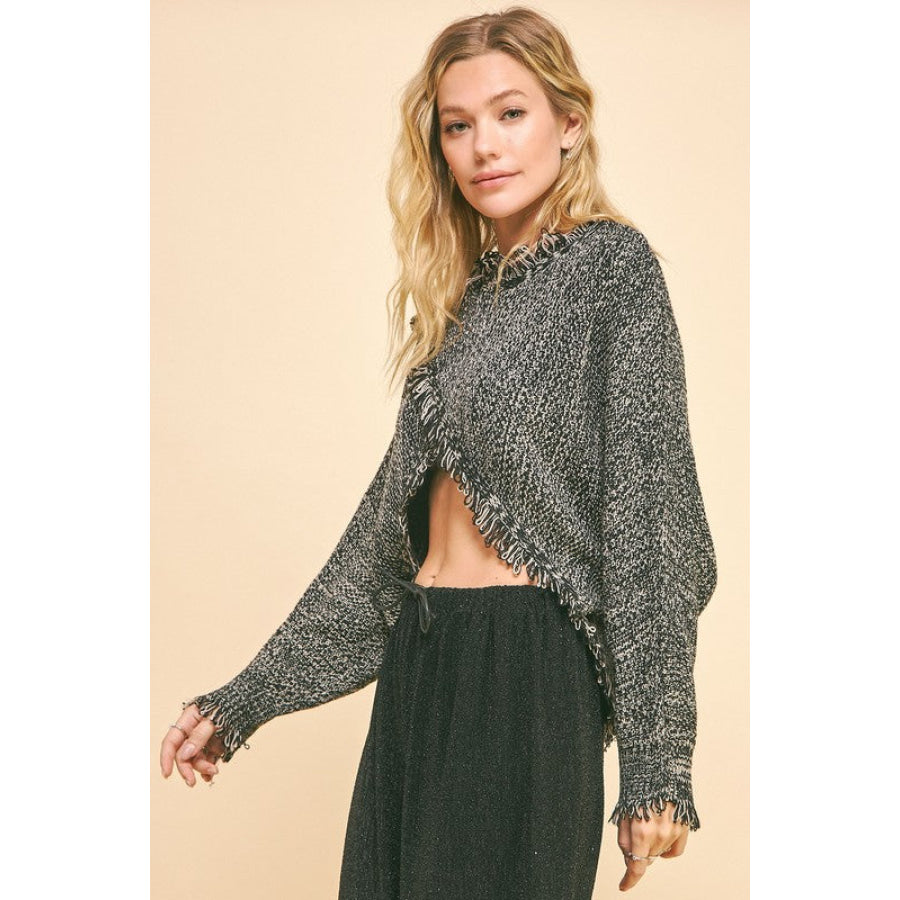Davi & Dani Fringe Hem Overlapping Asymmetrical Crop Sweater Apparel and Accessories