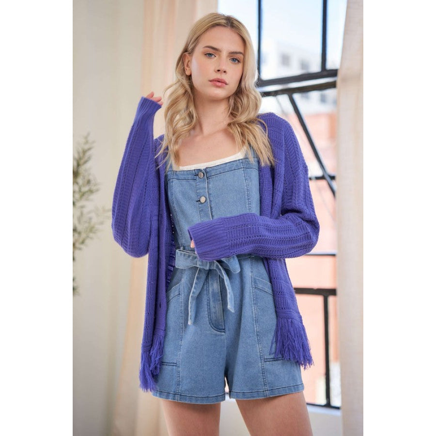 Davi & Dani Fringe V-Neck Button Up Long Sleeve Cardigan Apparel and Accessories