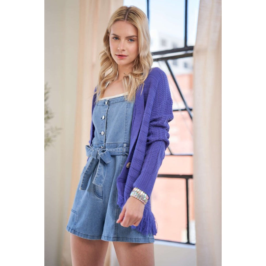 Davi & Dani Fringe V-Neck Button Up Long Sleeve Cardigan Apparel and Accessories