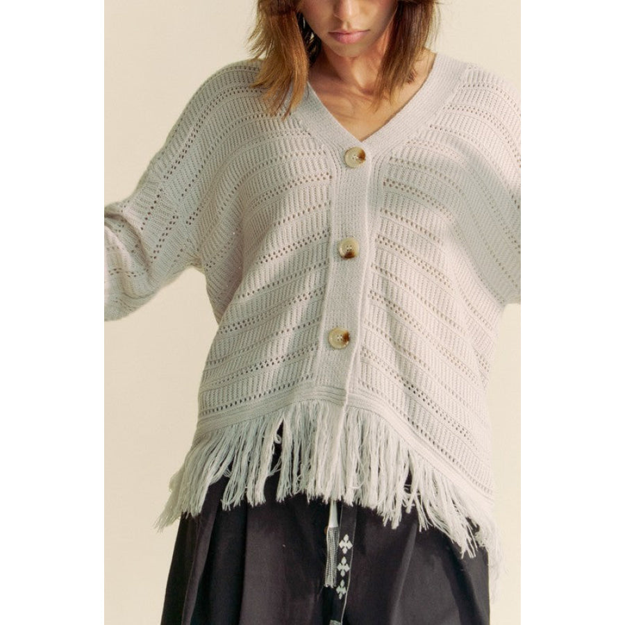 Davi & Dani Fringe V-Neck Button Up Long Sleeve Cardigan Apparel and Accessories