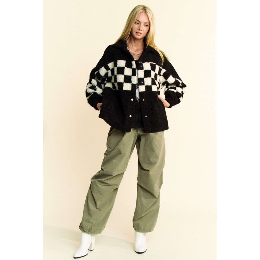 Davi & Dani Full Size Checkered Snap Down Faux Fur Jacket Apparel and Accessories