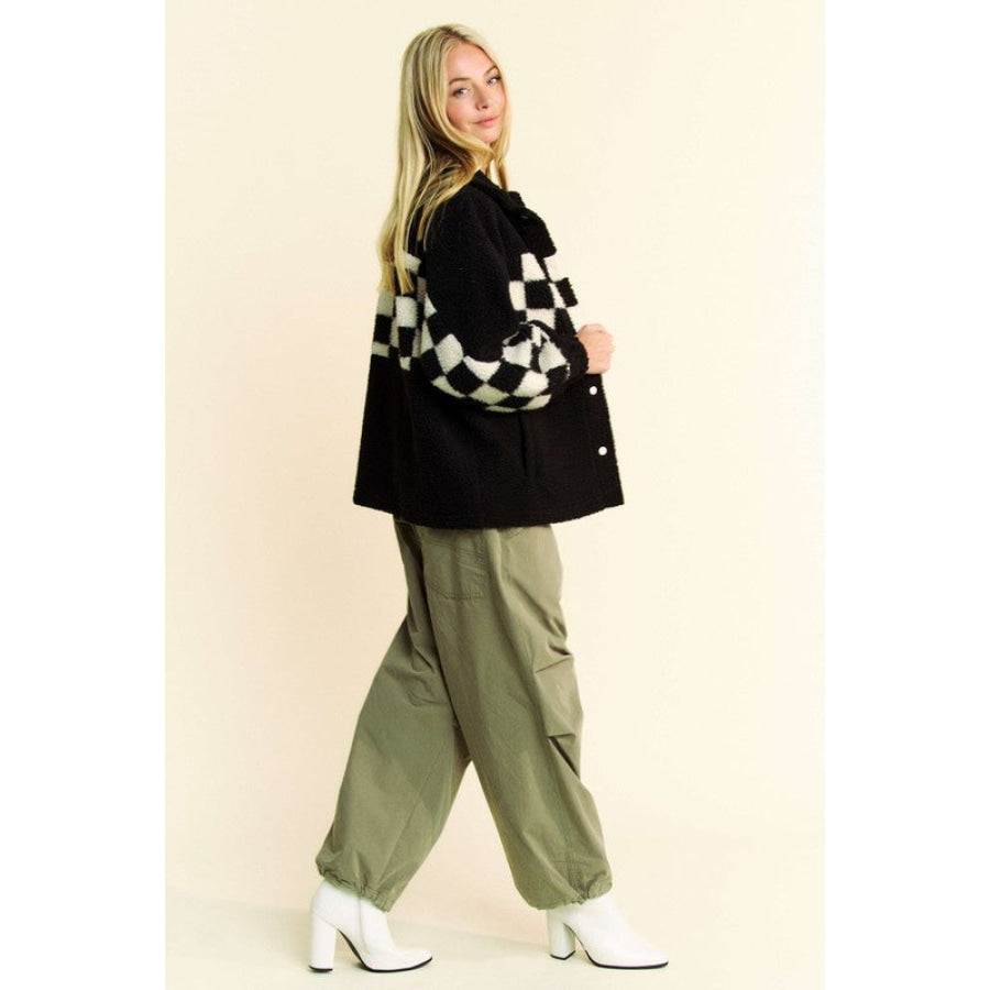 Davi & Dani Full Size Checkered Snap Down Faux Fur Jacket Apparel and Accessories