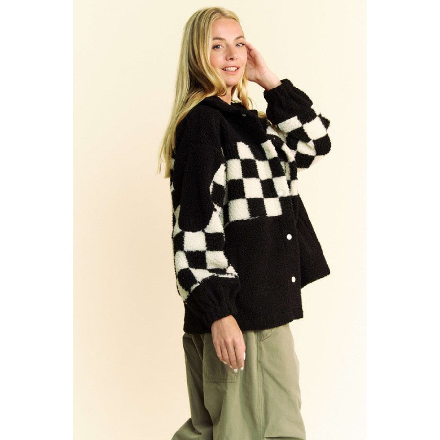 Davi & Dani Full Size Checkered Snap Down Faux Fur Jacket Apparel and Accessories