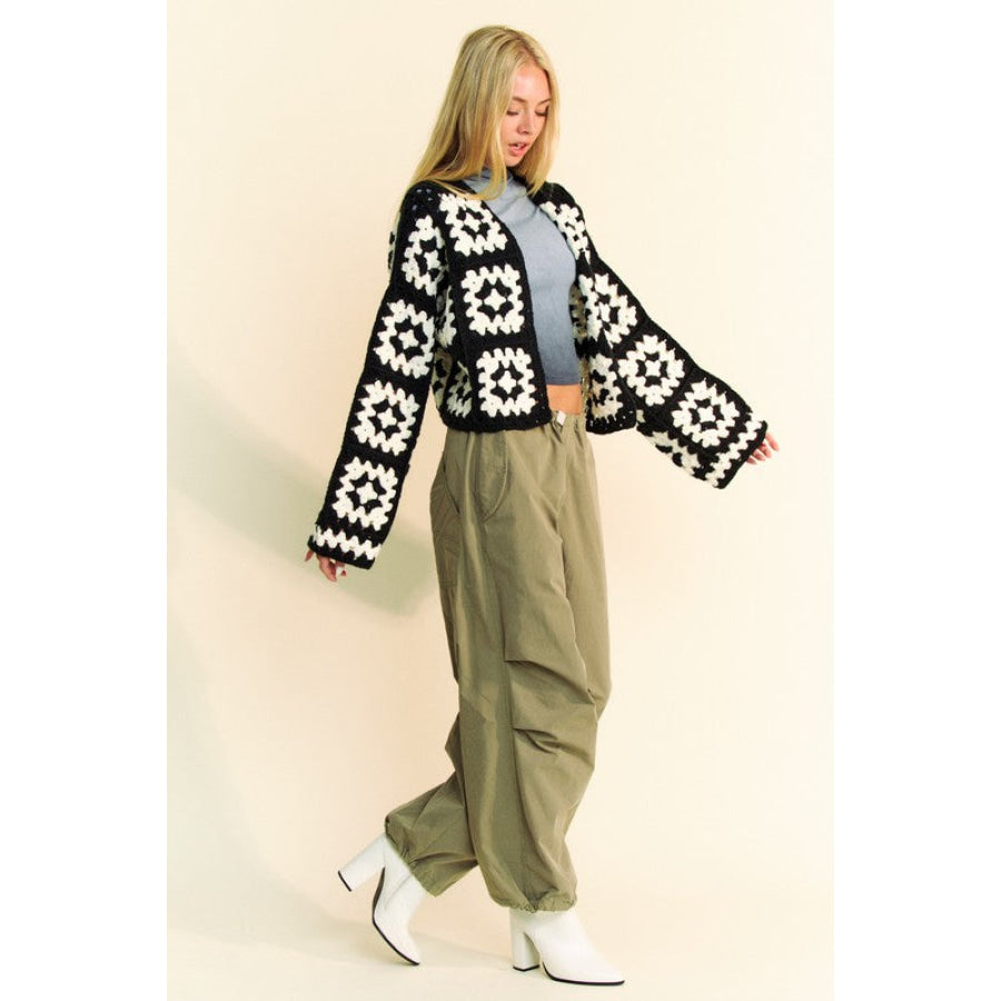 Davi & Dani Full Size Two Tone Flower Square Crochet Open Front Cardigan Apparel and Accessories